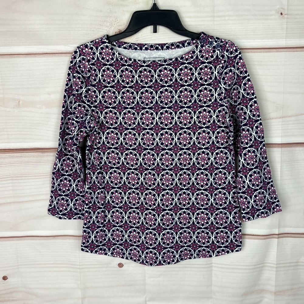 Charter Club Top Womens XS Geometric Pima Cotton T-Shirt 3/4 Sleeve Boat Neck
